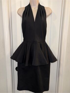 Caché Black Halter Peplum Cocktail Dress Open Back Size 8